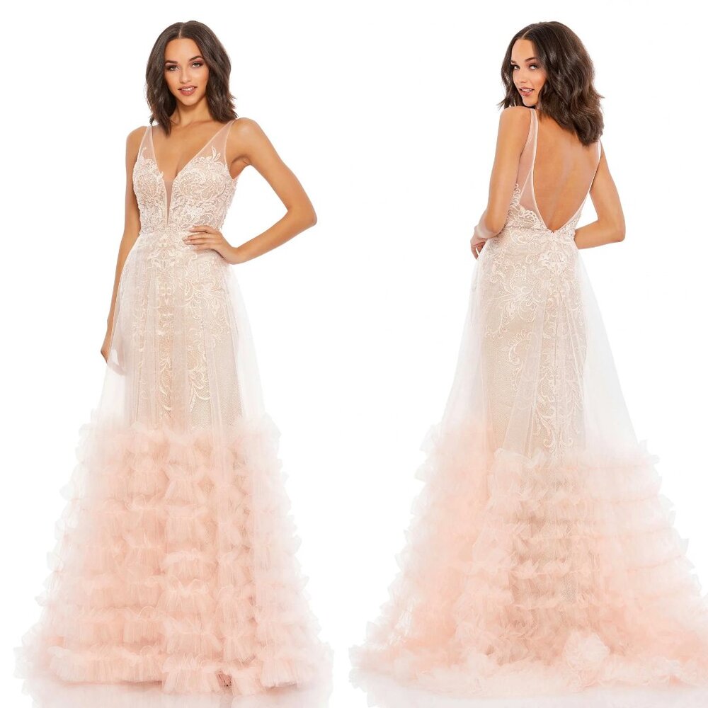 MAC DUGGAL | LACE RUFFLE TIERED SLEEVELESS PLUNGE NECK GOWN #11183